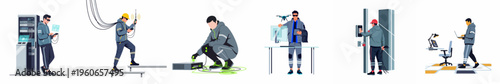 Set of flat vector illustrations featuring IT professionals, network engineers, and tech experts working with servers, drones, and security systems in data centers.