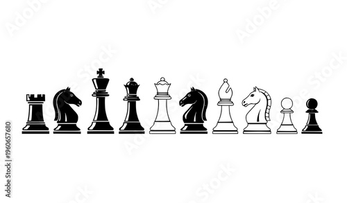 Modern Chess Piece Icons Collection with Black and White Symbols in Dynamic Layout Vector