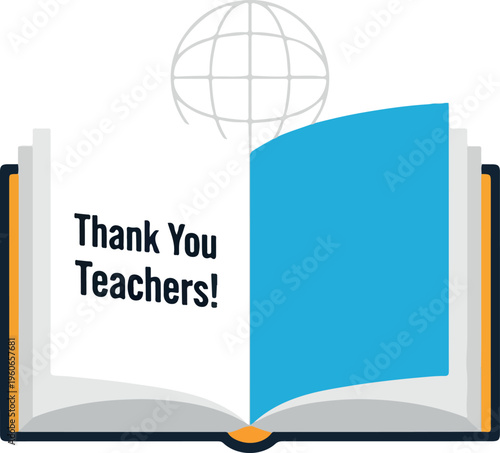 A thank you note for teachers, depicted as an open book with a globe above it, symbolizing education and global knowledge