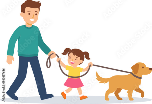 Man walking with little girl and dog on leash outdoors