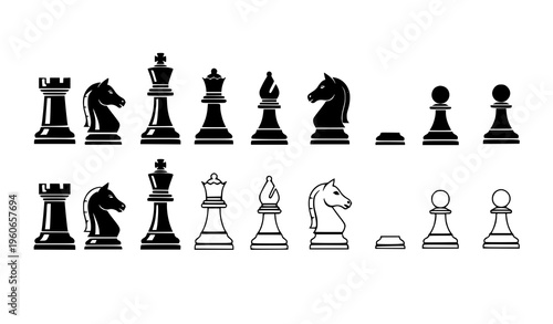 Black and White Chess Piece Icons Set in Clean Minimal Silhouette Vector Collection