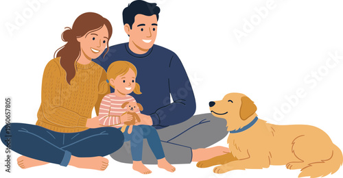 A family with a dog and little girl sit together on the floor indoors.