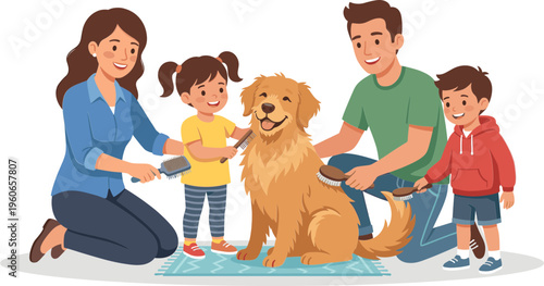 Family with children grooming golden retriever dog on blanket indoors