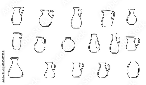 Simple Vase and Jug Collection in Dynamic Layout Outline Vector Icons for Interior Design