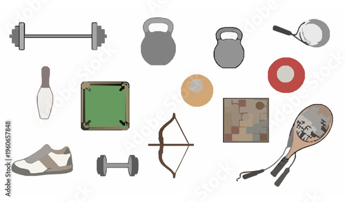 Sports Equipment Icons Collection in Dynamic Layout with Fitness and Game Elements Vector