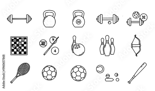 Sports Equipment Linear Icons Set with Barbell Bowling Billiards and Archery Vector Collection