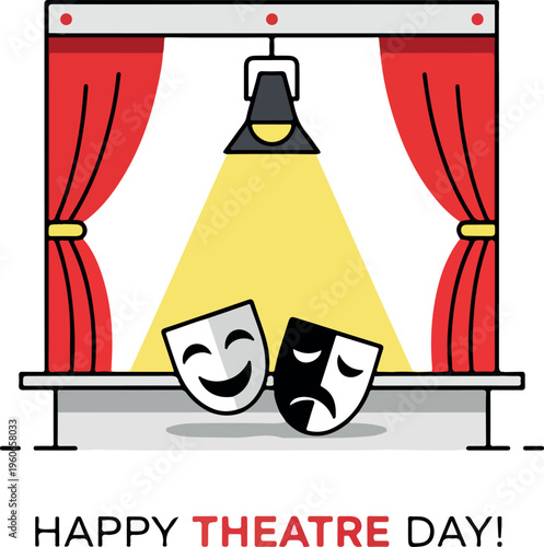 Celebrating Theatre Day with classic comedy and tragedy masks illuminated by stage lights on a theatrical stage