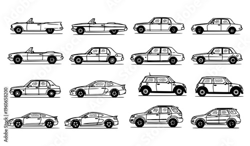 Hand Drawn Doodle Cars Set – Old and Modern Vehicles Side View Vector Collection