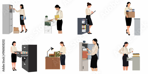 Collection of illustrations featuring a businesswoman organizing documents, filing folders in cabinets, and managing paperwork in a modern office environment.