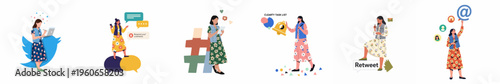Set of illustrations depicting a young woman managing various social media tasks and digital communication activities.