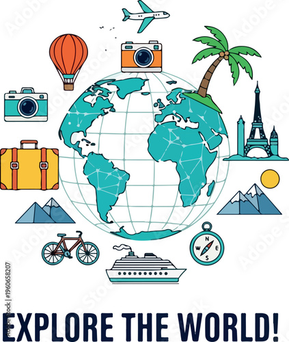 Embark on an exciting journey around the globe with this vibrant illustration showcasing popular travel destinations, modes of transport, and essential travel items