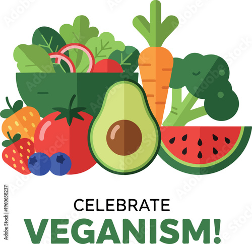 A vibrant and healthy assortment of fresh fruits and vegetables, celebrating the essence of veganism with colorful produce