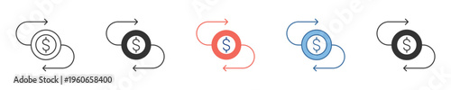 Modern money exchange and financial transaction icons, depicting currency transfer, continuous payment, and reciprocal flow for business, commerce, and digital design concepts