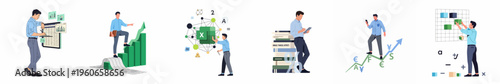 Collection of businessmen performing data analysis, financial reporting, and project management tasks illustrated in a modern flat vector style.