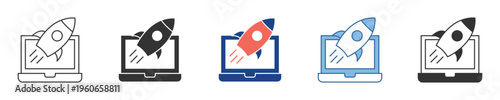 Dynamic visual concept illustrating a rapid startup launch and digital innovation, a rocket taking off from a laptop screen, symbolizing accelerated business growth, technology, and online progress