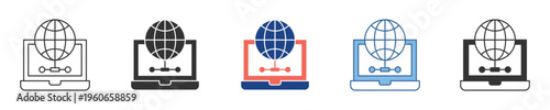 Global network connection on laptop icon, symbolizing worldwide digital access and internet communication via a portable computing device and online services