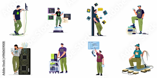 Set of IT professionals, software developers, and hardware engineers engaged in various technical activities, presented in a modern flat illustration style.