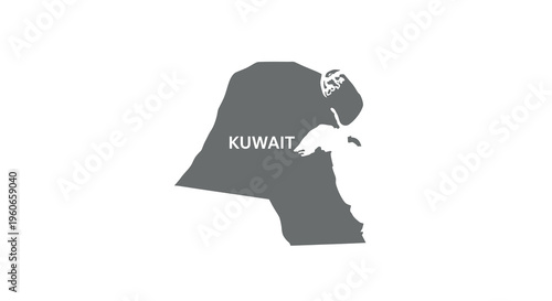A stark black and white silhouette depicts the geographical shape of kuwait with its name