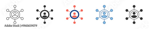 Variations of a digital network icon showcasing central user connections, community building, and interconnected communication systems for modern applications