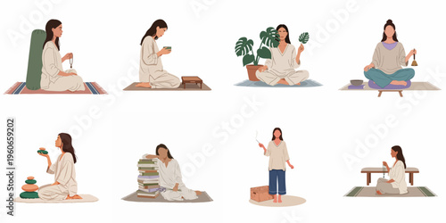 Collection of diverse flat illustrations featuring women practicing mindfulness, meditation, yoga, and self-care routines for mental wellness and inner peace.