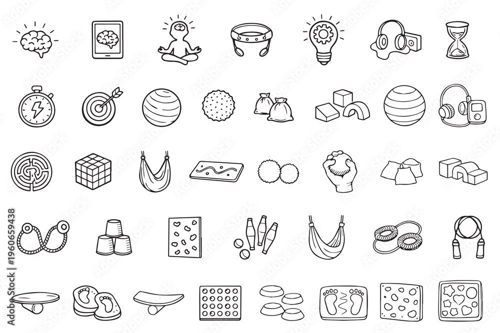 Fototapeta premium Linear icons of various neurofitness equipment in doodle style. Balance boards, sensory balls, fitballs, hammocks, soft modules, interhemispheric boards.