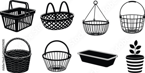 Silhouette collection of baskets and containers, storage designs, woven and wire styles, planter illustration, functional household accessory artwork