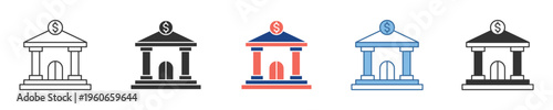 Graphic icons of classical buildings, like banks or courthouses, symbolizing foundational principles of finance, justice, and public institutions through varied modern designs