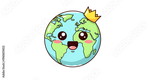 Cute Kawaii Earth Character Wearing a Golden Crown, Representing a Beloved Planet and Global Royalty
