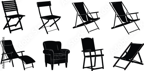 Silhouette collection of chairs, folding and armchair designs, furniture artwork, seating inspiration, ergonomic and decorative interior illustration