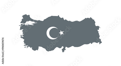 A dark gray silhouette of turkey displaying a white crescent moon and star high quality professional