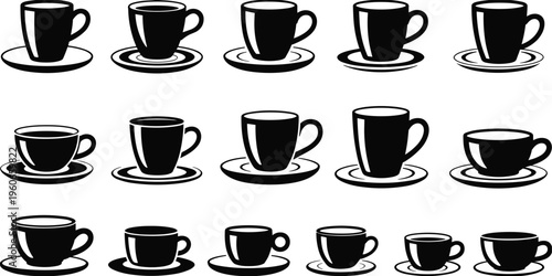 Silhouette collection of coffee cups on saucers, vector illustration, beverage icons, café branding design, tea and coffee accessories
