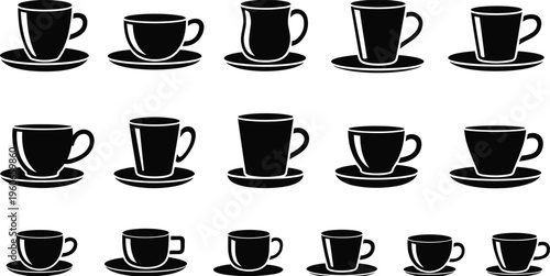 Silhouette collection of coffee cups on saucers, vector illustration, beverage icons, café branding design, tea and coffee accessories