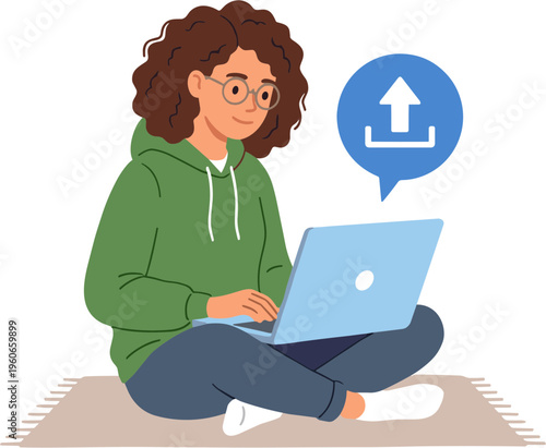 A woman sits on a rug with a laptop and uploads a file happily.