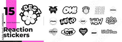 Retro groovy reactions with positive emotions black and white sticker pack. Cool y2k expressive words. Marketing. Emblems tags. Badges label set. Monochrome typography. Print ready flat illustration