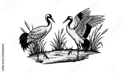 Vintage crane birds engraving black white detailed nature vector illustration with reeds and classic etching style