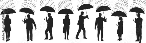 Silhouette collection of people with umbrellas, rainy day artwork, protection design inspiration, unity and resilience illustration