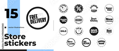 Modern store black and white sticker pack illustration. Discounts offers. Global shipping. Free delivery. Isolated label collection. Monochrome badges marketing. Promotional emblems. Advertising tags
