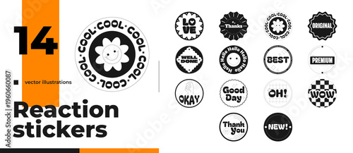 Y2K groovy round reactions black and white sticker pack illustration. Approval engagement. Wow love. Isolated label collection. Monochrome badges marketing. Promotional emblems. Advertising tags