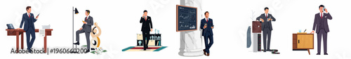 Collection of professional businessmen in suits depicted in various office and trading environments using communication technology and managing financial data.