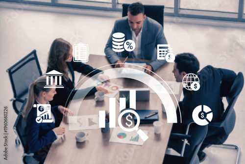 Foto A business team convenes in a modern office to strategize financial plans, utilizing data visualizations and graphs to enhance decision-making and collaboration