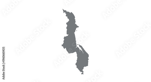 A grayscale silhouette depicting the geographical outline of the country of Malawi high quality professional detailed