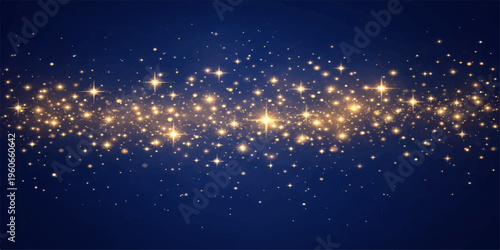 Abstract mesmerizing image with glittering, radiant golden particles sparkling brightly against a deep, elegant blue canvas, evoking a sense of wonder and cosmic beauty.