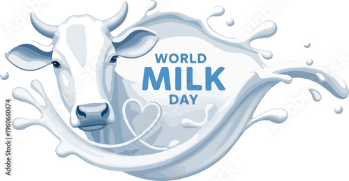 Celebrate World Milk Day with a splash of goodness - A dairy cow surrounded by a milk splash and heart shape