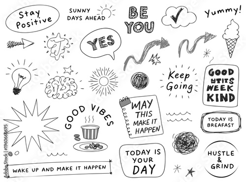 gray pen scratch doodle and short phrases collection for hand drawn notes, journaling and graphic design. Thin gray marker doodles and scribbles, hand drawn stickers, emphasis vector elements. 