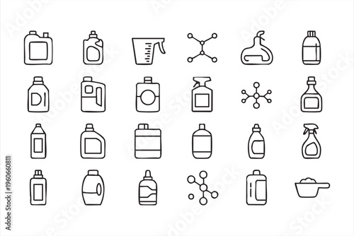 Cleaning products line icon set with detergent bottles spray and disinfectant symbols for hygiene design