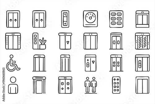 Elevator icon set with lift doors control panels and accessibility symbols for building navigation