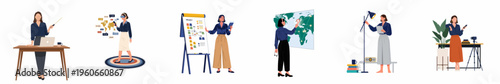 Set of flat vector illustrations depicting a professional woman in various modern work scenarios, including presentations, virtual reality, and global business analysis.
