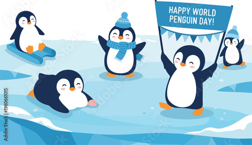 Happy World Penguin Day celebration with adorable cartoon penguins in a snowy arctic landscape