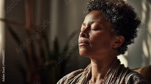Serene woman meditates peacefully indoors with eyes closed and calm expression