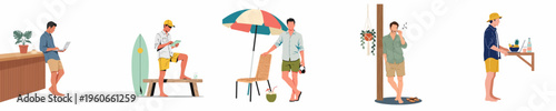Five illustrations of a digital nomad man working and relaxing in various summer and vacation settings, highlighting remote work and a flexible lifestyle.